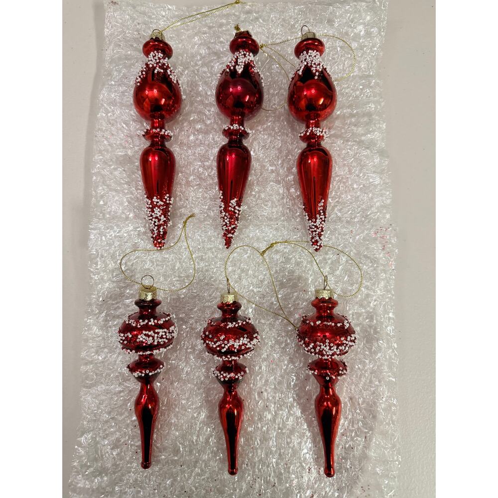6 Red Glass Finial Christmas Ornaments Nordic Frost Beaded Tree Decor - Picture 2 of 8